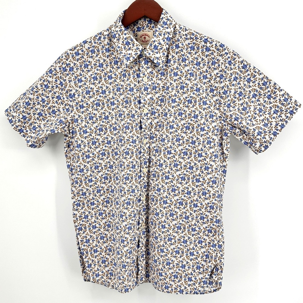 Brooks Brothers Mens Size S Red Fleece Floral Button Up Short Sleeve Shirt